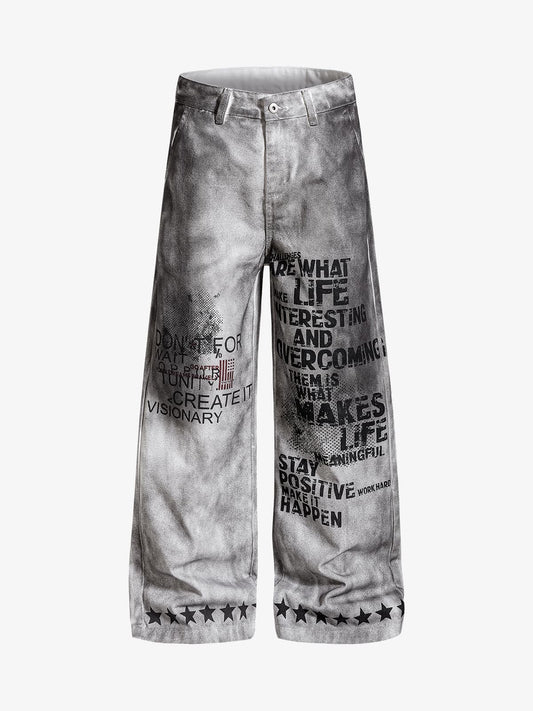 Distressed Dirty Wash Text Graphic Star Trim Straight Leg Pants 