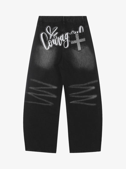 Vintage Embroidered Cross Washed Scimitar Jeans 