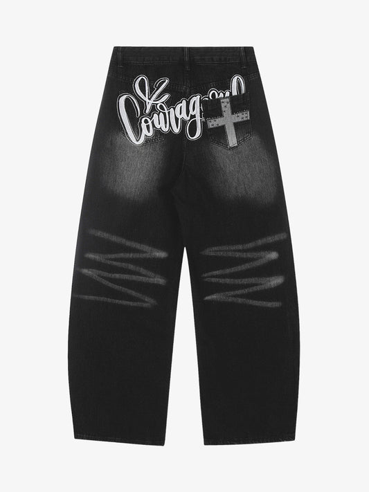Vintage Embroidered Cross Washed Scimitar Jeans 