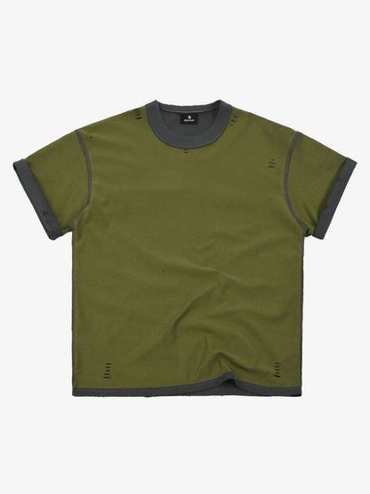"OK" Patch Color-Block Ripped Reversible T-Shirt 