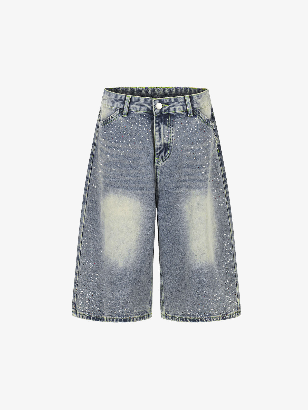 Rhinestone Distressed Denim Bermuda Shorts – Wide-Leg Cotton Streetwear Shorts