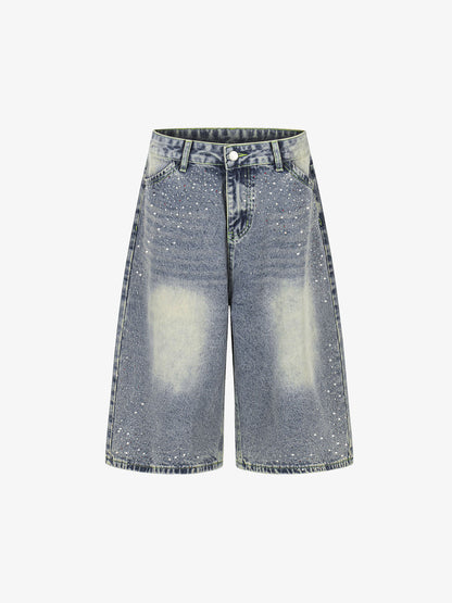 Rhinestone Distressed Denim Bermuda Shorts – Wide-Leg Cotton Streetwear Shorts