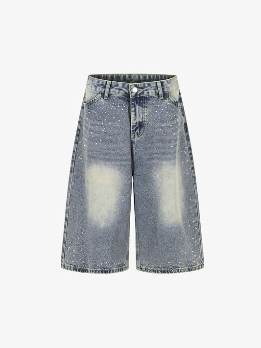 Strassbesetzte Bermuda-Shorts aus Used-Denim – Weit geschnittene Streetwear-Shorts aus Baumwolle