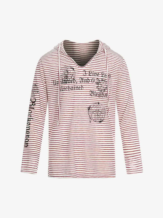 Graphic Print and V-Neck Striped Long Sleeve Hooded T-Shirt 