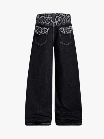 Vintage Leopard Print Waistband Patch Baggy Jeans - 2635 