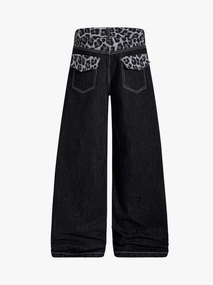 Vintage Leopard Print Waistband Patch Baggy Jeans - 2635 