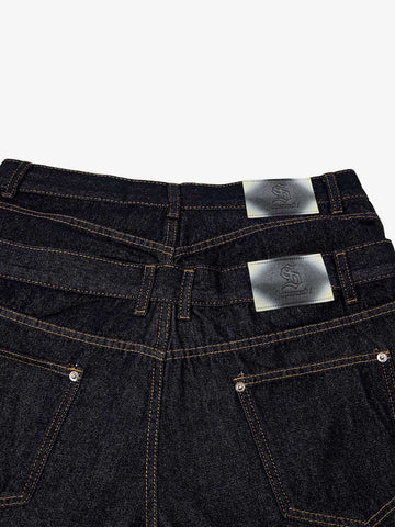 Raw Denim Oversized Shorts – High-Waisted Cotton with Dual Waistband & Rivet Detail