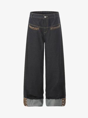Leopard Print Trim Washed Jeans 