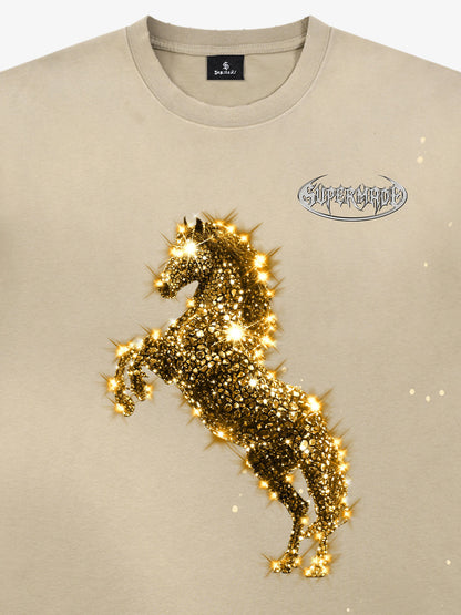 Unisex Washed Ink Blending Dual Color Cotton Horse Year Embroidered Diamond Horse Element Pattern Short-Sleeve T-Shirt 