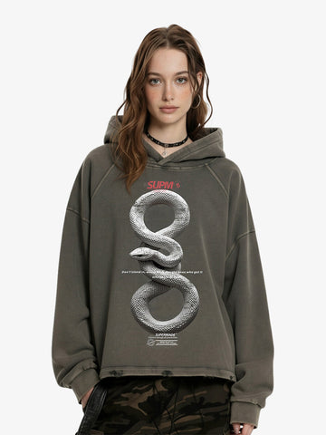 Vintage Washed Snake Appliqué Pullover Hoodie 