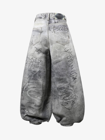Hand Drawn Scribble Print Baggy Jeans 
