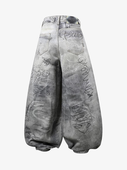 Hand Drawn Scribble Print Baggy Jeans 