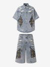 Retro Washed Plaid-Paneled Distressed Denim Set 