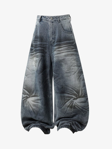 Wrinkle Effect Print Wide Leg Denim Jeans 