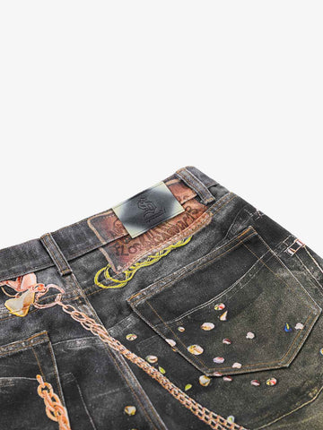 Jeans mit 3D-Schlüsselketten-Print