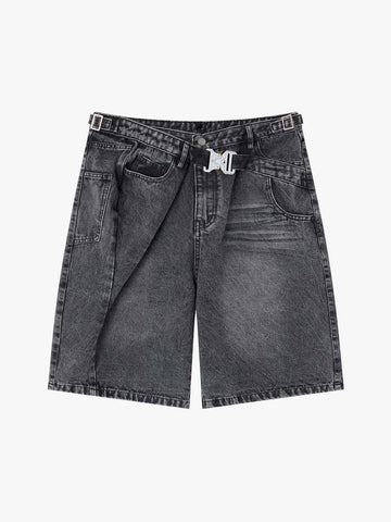Shorts aus gewaschenem Denim mit taktischer Schnalle
