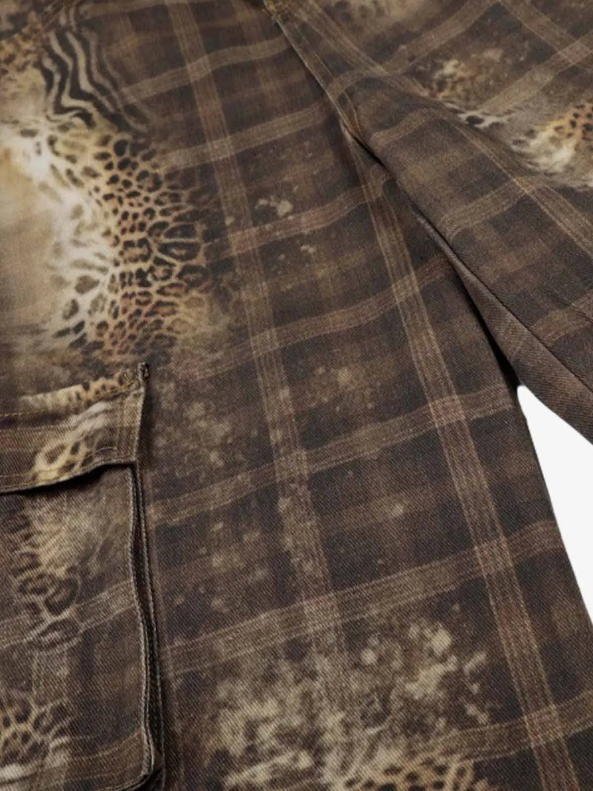 Plaid Leopard Print Cargo Barrel Jeans 