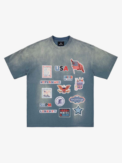 Washed Vintage Sticker Print T-Shirt 