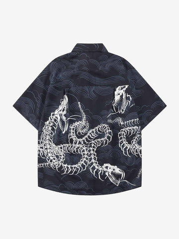 Japanese Wave Dragon Skeleton Camp Collar Boxy Shirt 