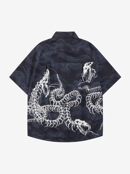 Japanese Wave Dragon Skeleton Camp Collar Boxy Shirt 