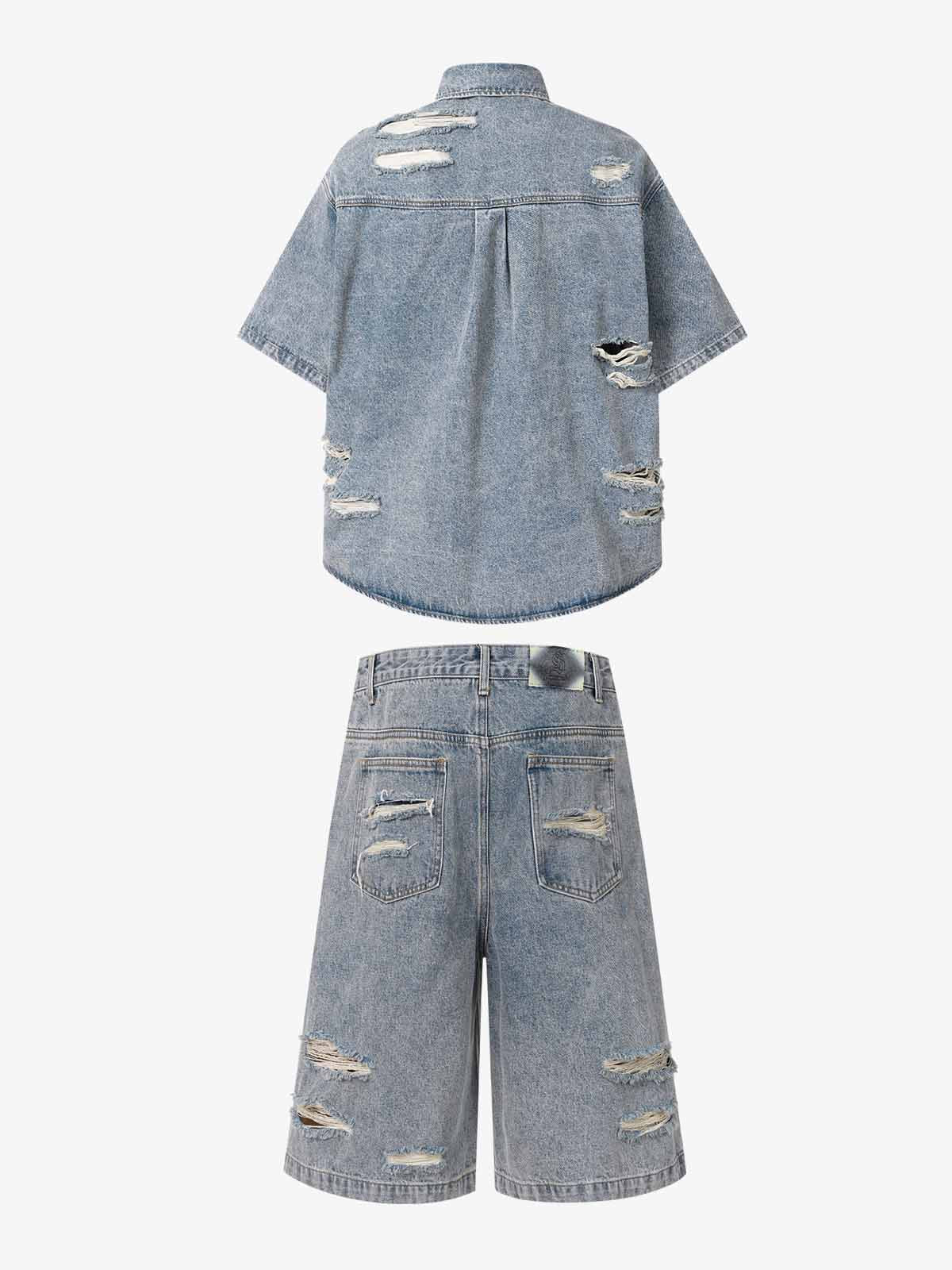 Retro Washed Plaid-Paneled Distressed Denim Set 