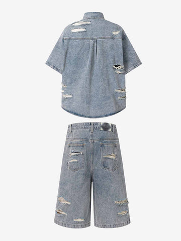 Retro Washed Plaid-Paneled Distressed Denim Set 