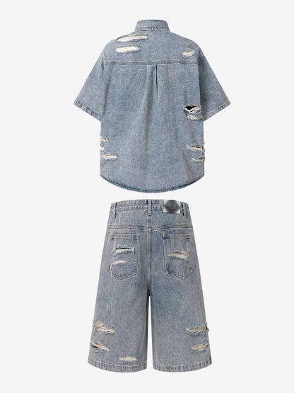 Retro Washed Plaid-Paneled Distressed Denim Set 