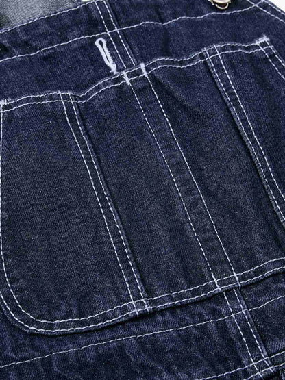 Vintage Contrast Stitch Raw Indigo Denim Wide-Leg Overalls 