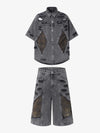 Retro Washed Plaid-Paneled Distressed Denim Set 