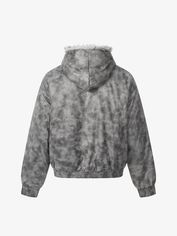 Faux Suede Vintage Wash Fur Hood Padded Jacket - 2553 