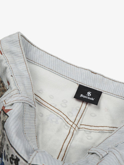 Charm Detail Leopard Denim Shorts 