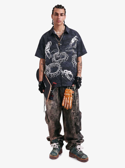 Japanese Wave Dragon Skeleton Camp Collar Boxy Shirt 