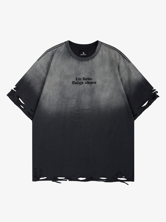 T-Shirt mit Farbverlauf, gewaschenem Rissmuster und Grafik