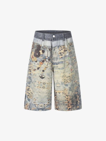 Beaded Chain Denim Culottes – Distressed Wide-Leg Streetwear Shorts