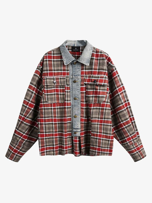 Vintage Plaid Patchwork Denim Panel Shirt 