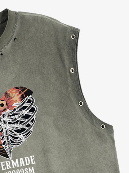 Floral Skeleton Heart Graphic Sleeveless T-Shirt 