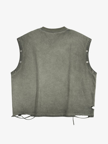 Distressed Olive Crop Top with Boxing Graphic Print – Grommet Detail Streetwear Tank