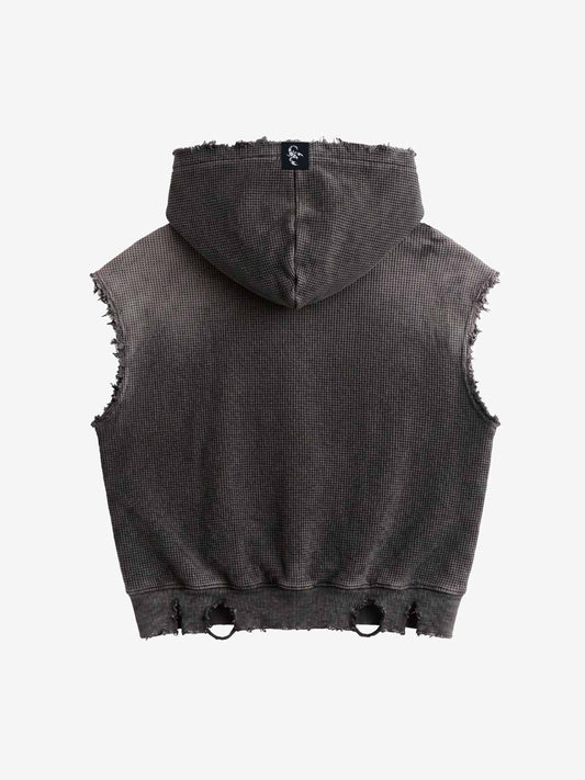 Ärmelloser Kapuzenpullover mit Reißverschluss und Used-Look-Print, bedruckt mit mehreren Labels.