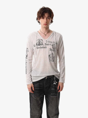 Graphic Print and V-Neck Striped Long Sleeve Hooded T-Shirt 