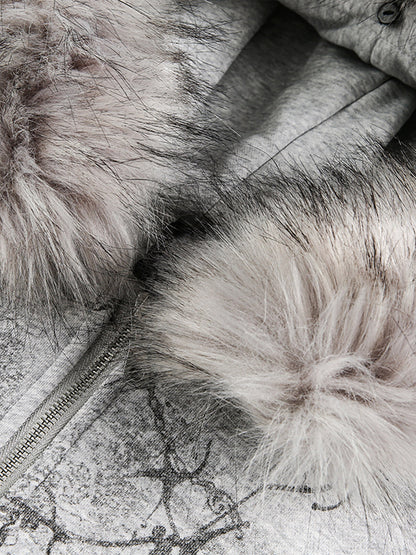 Detachable Fur Collar Printed Cardigan Half-Zip Hoodie 