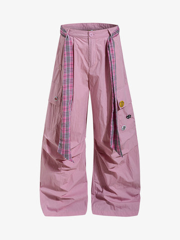 Plaid Straps Badge Cargo Pants 