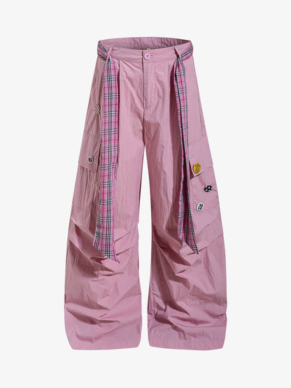 Plaid Straps Badge Cargo Pants 