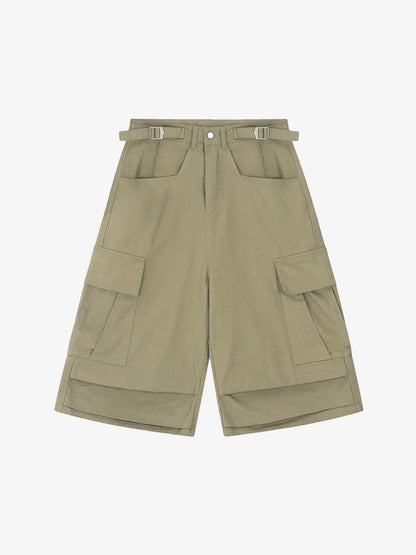 Urban Techwear Side Buckle Layered Hem Cargo Shorts 