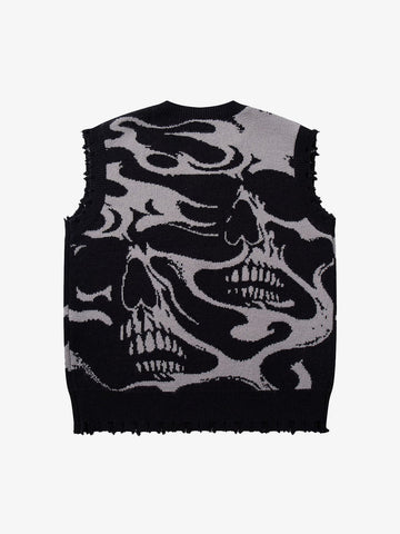 High Street Dark Skull Frayed-edge V-neck Sweater Vest 
