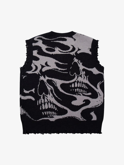 High Street Dark Skull Frayed-edge V-neck Sweater Vest 