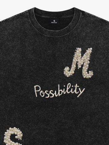 Vintage Washed Pearl Letter Graphic T-Shirt 