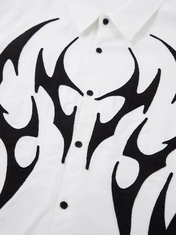Cotton Blend Short Sleeve Shirt with Black Flame Print Long Sleeve Insert, Stylish Contrast Design for Men and Women 