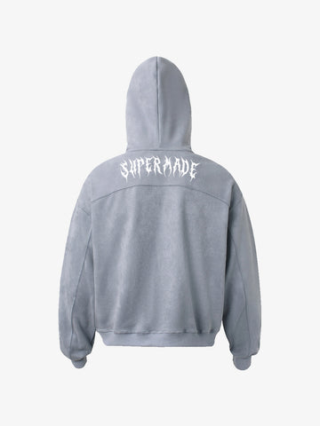 Vintage Suede Letter Embroidered Cropped Zip Up Hoodie 