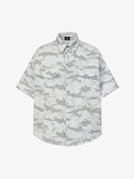 Light Grey Tactical Camo Pleated Denim Shirt 
