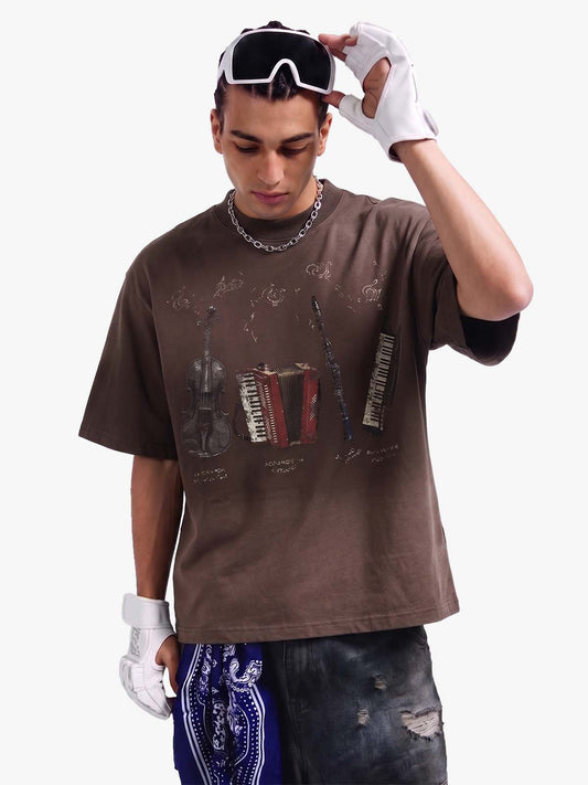 T-Shirt mit Musikinstrumenten-Motiv – Oversized-Baumwolle, Streetwear-Passform